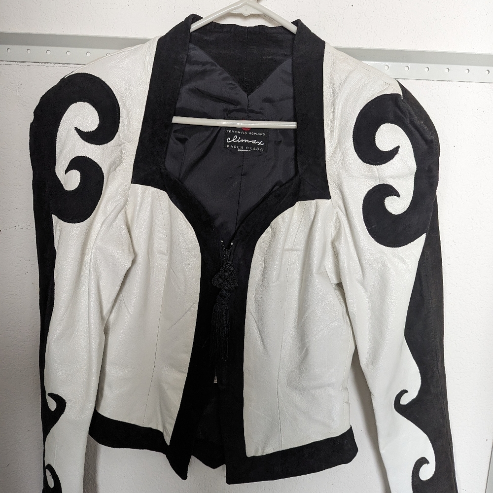 Karen Okada small black and white leather and suede cropped jacket.